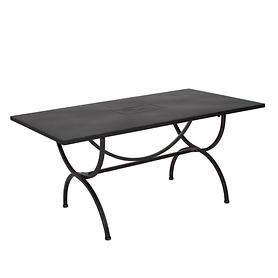 Rechteckiger Tisch mit schwarzer Metall-Tischplatte