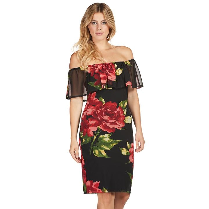 Schulterfreies Kleid mit leuchtendem Rosendruck